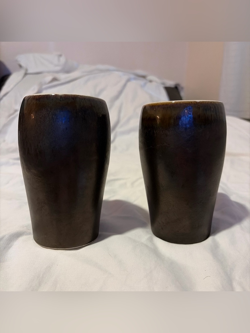 Set of 2 Signed Studio Pottery Tumblers Brown Glaze Heart Maker Mark Handmade
